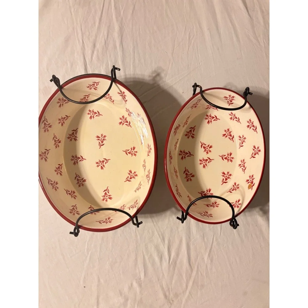 Temp-tations Floral Lace Oval Baker Set Red Cream Ceramic 2pc with Wire Racks EX
